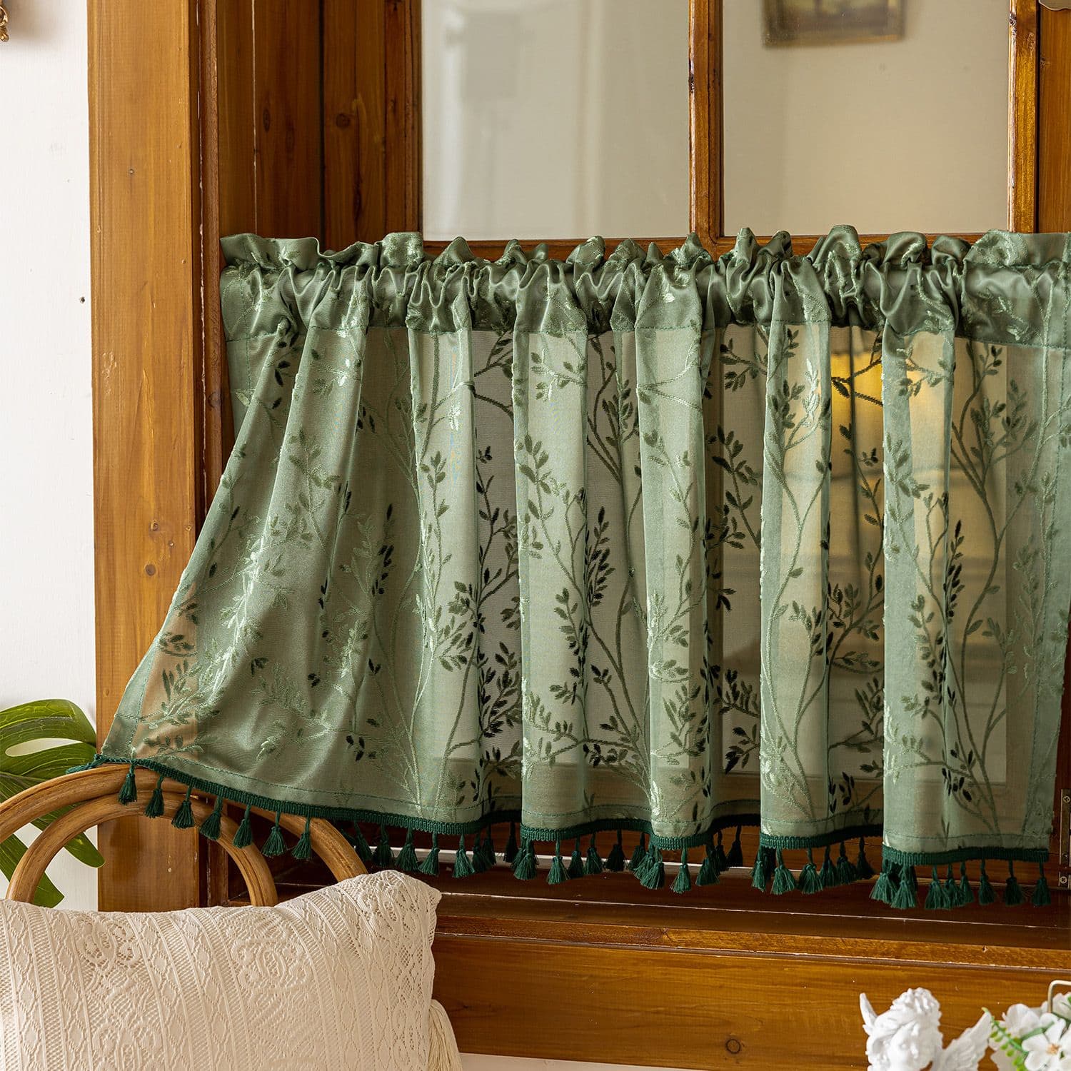 Bohemian Short Curtains With Tassels, Bohemian Linen Translucent Retro Countryside Christmas Curtains, (dark Green 100 * 60cm)