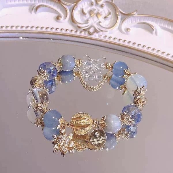 Blue Crystal Snowflake Charm Bracelet For Women, Elastic Beaded Christmas Gift Bracelet, Elegant Everyday Jewellery 13