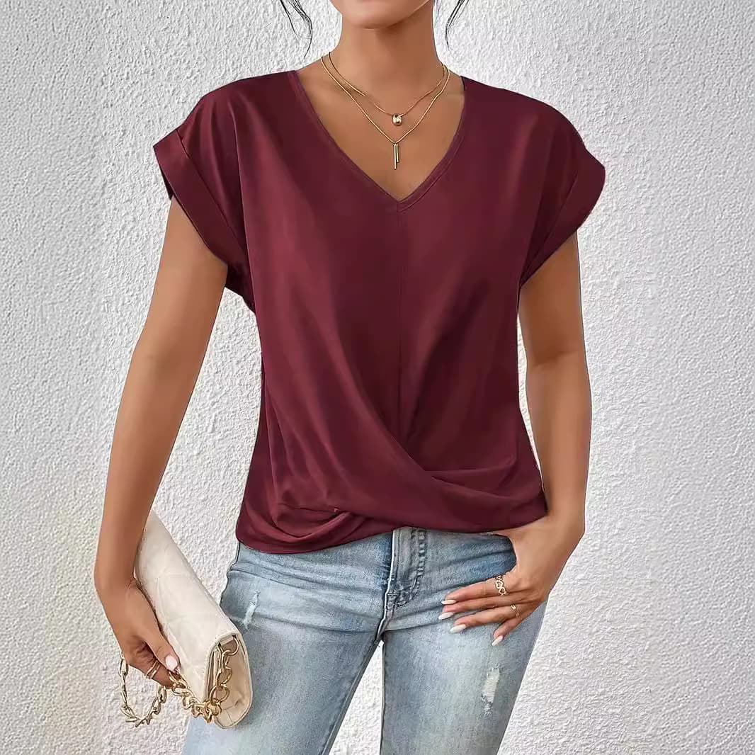 Womens Springsummer Solid Color V Neck Short Sleeve Top