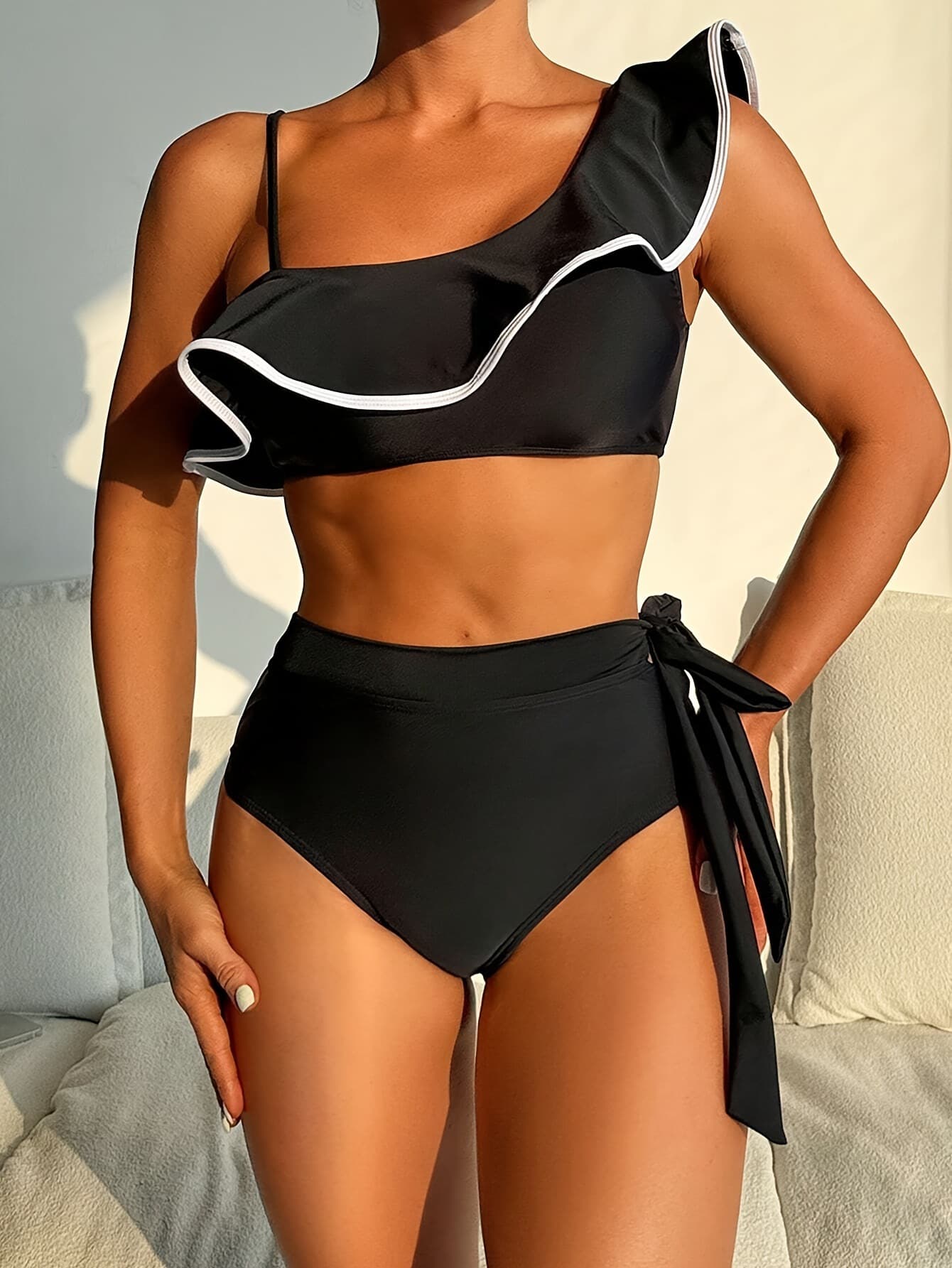 Bikini Split Swimsuit Solid Color Black Shoulder Lotus Leaf Edge — alternate view