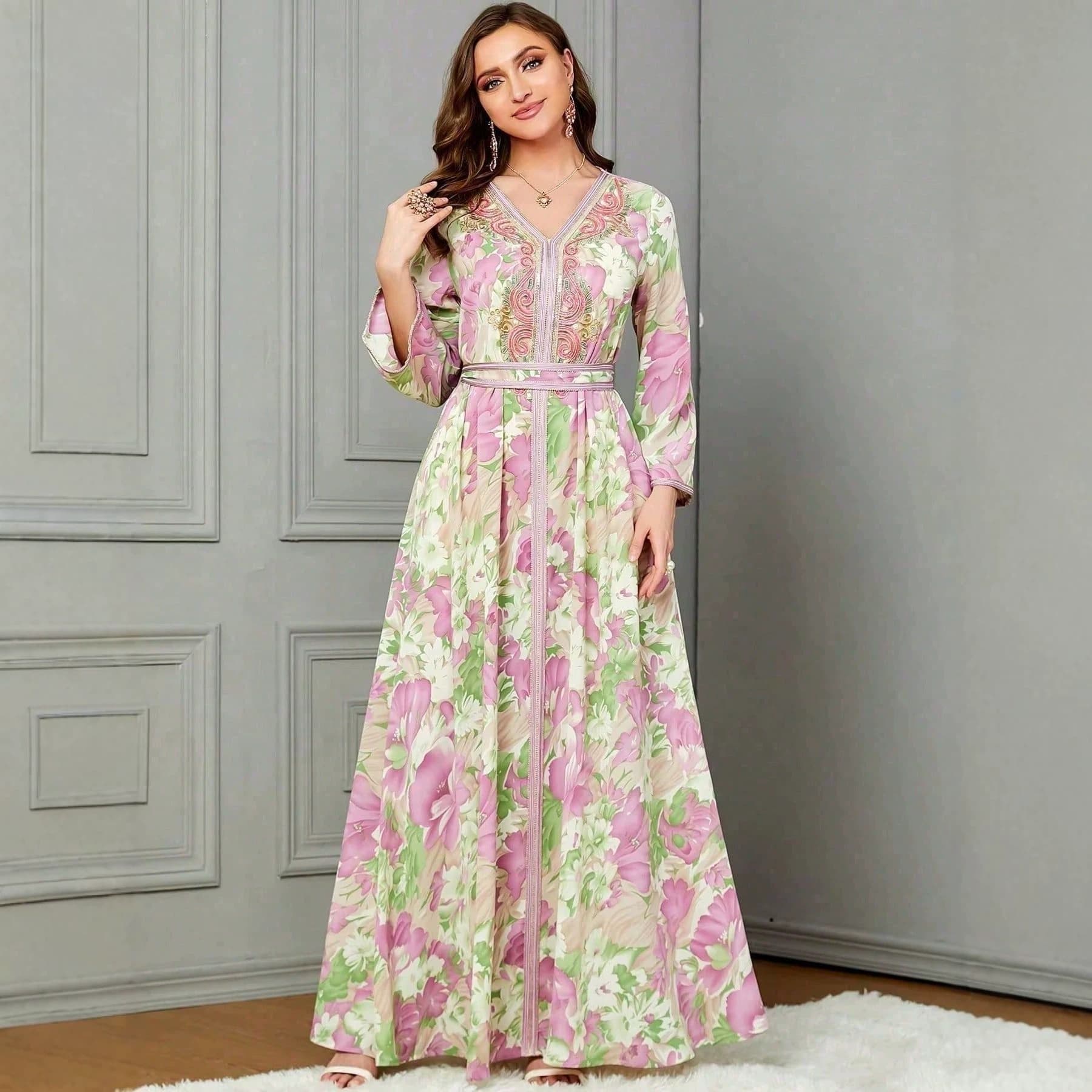Embroidered Floral Women's Lace Up Waist Cinched Flared Sleeve Drape Dress — alternate view