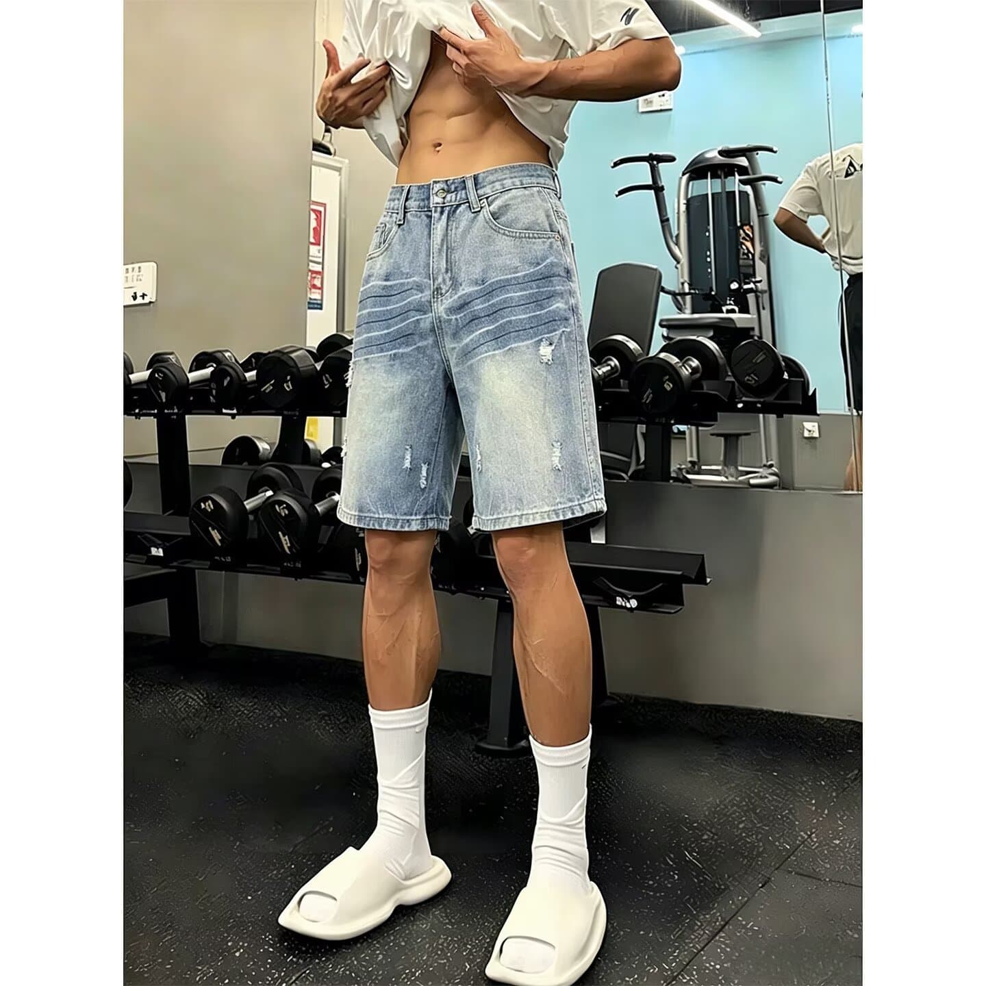 Blue Lightning Pattern Ripped Denim Shorts Men's Style Five